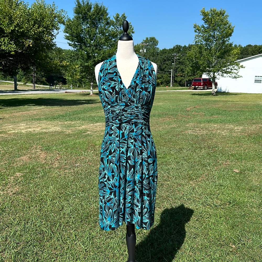 Black dress with blue leaf print